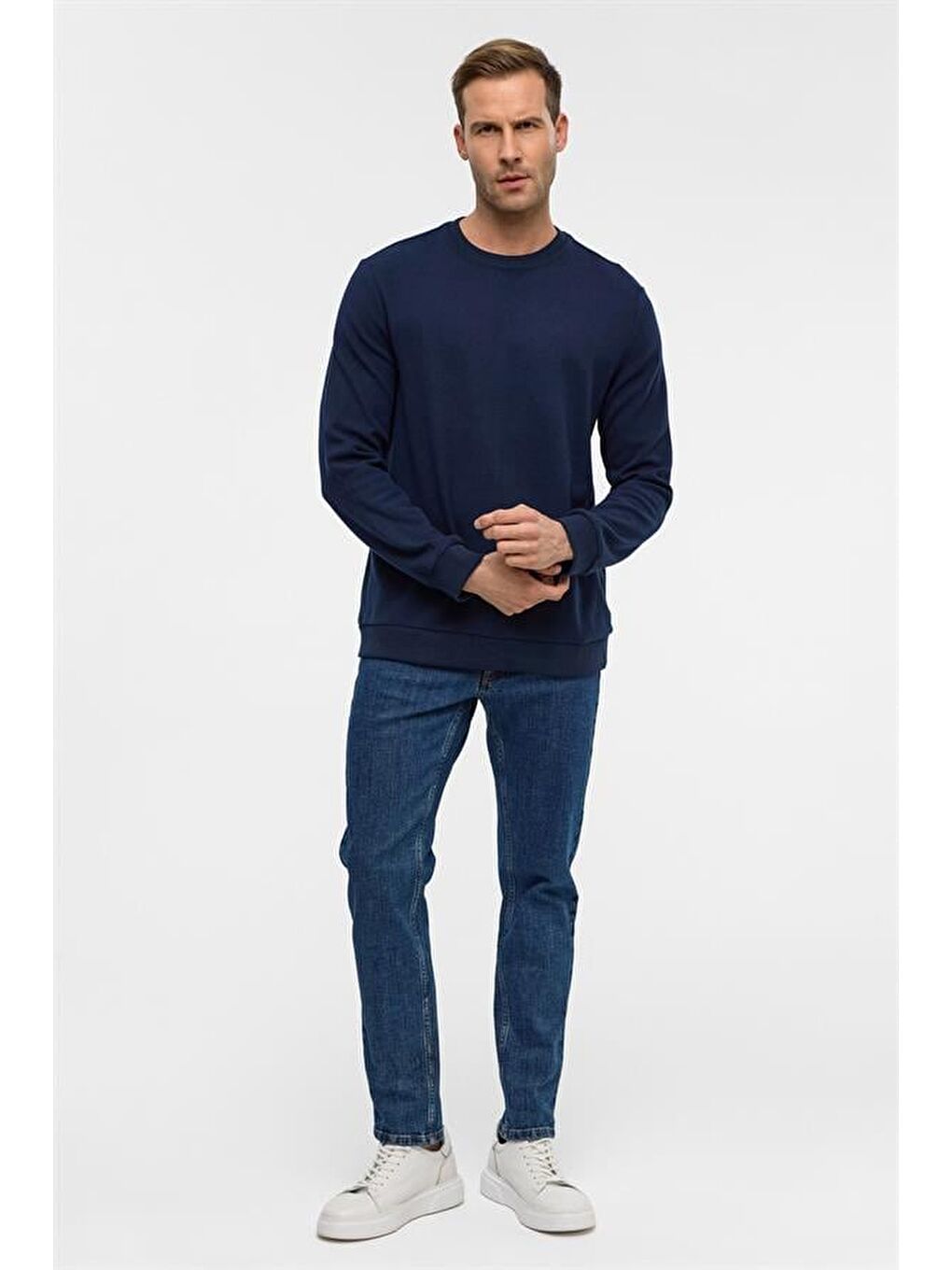 Lacivert Regular Düz Bisiklet Yaka Sweatshirt-4