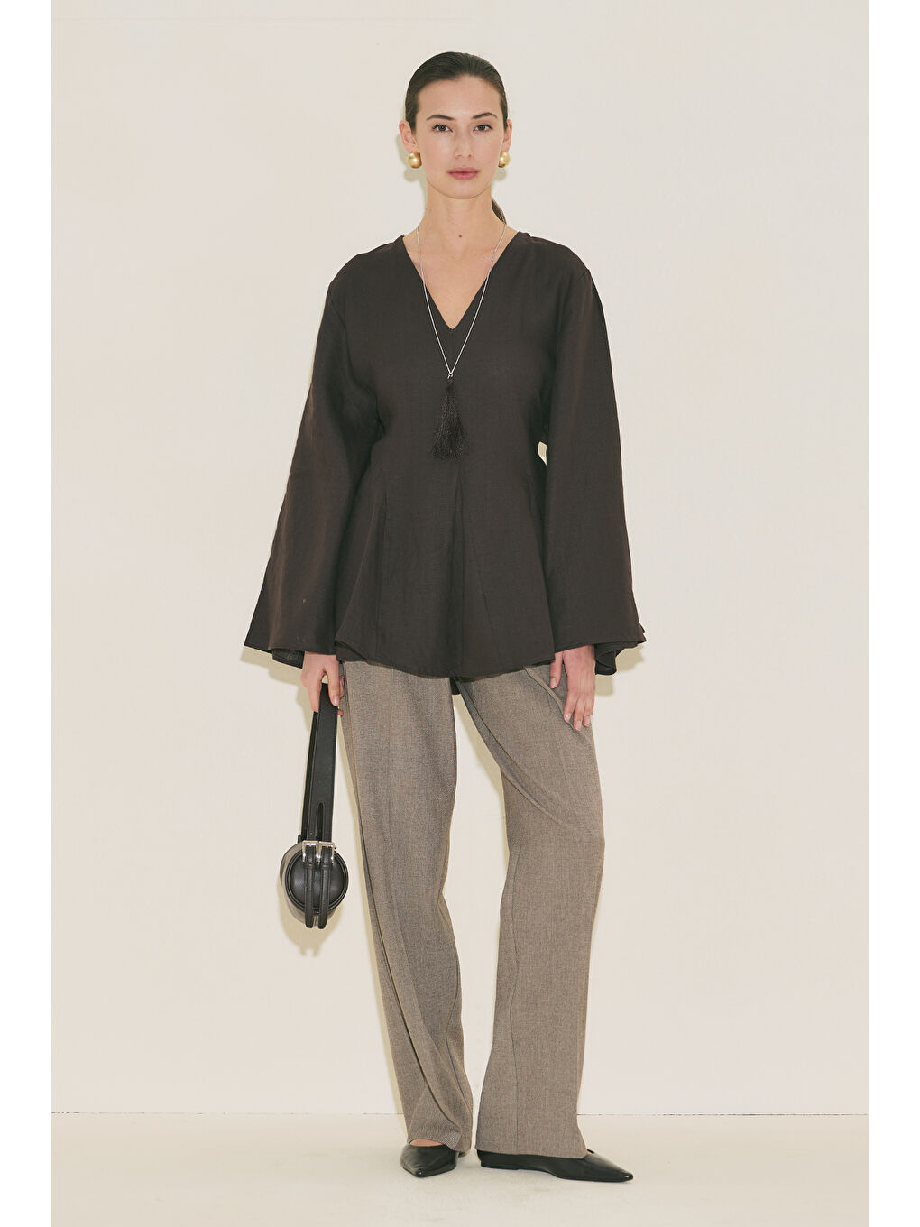 Kahverengi %100 Keten Volümlü Tunik Acı Kahve