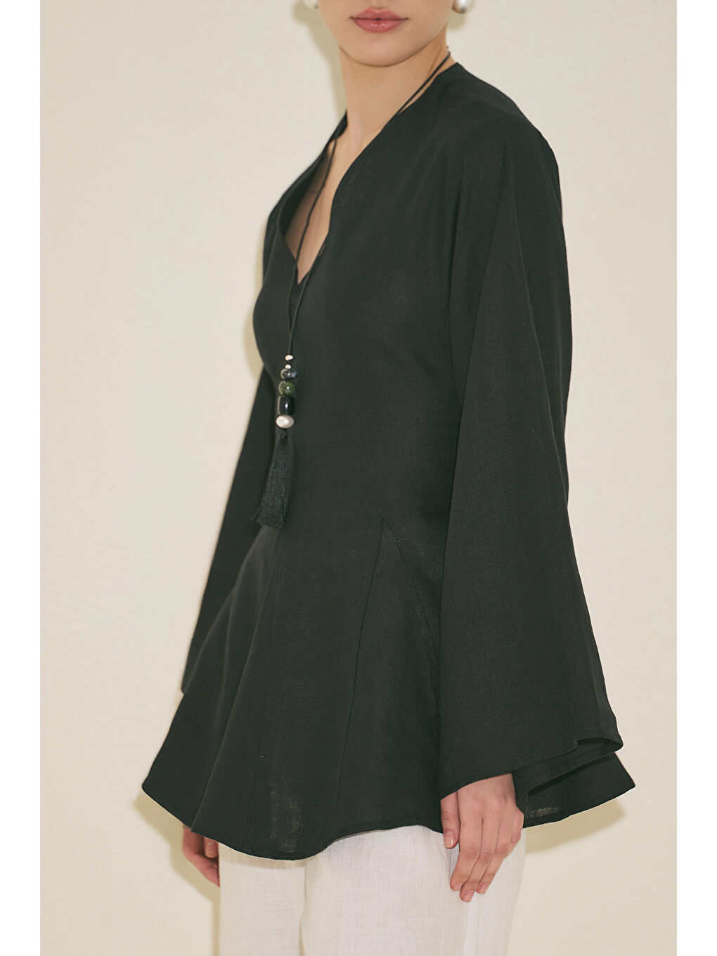 %100 Keten Volümlü Tunik Siyah-2