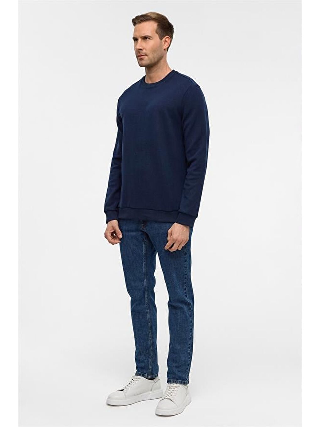Lacivert Regular Düz Bisiklet Yaka Sweatshirt-5
