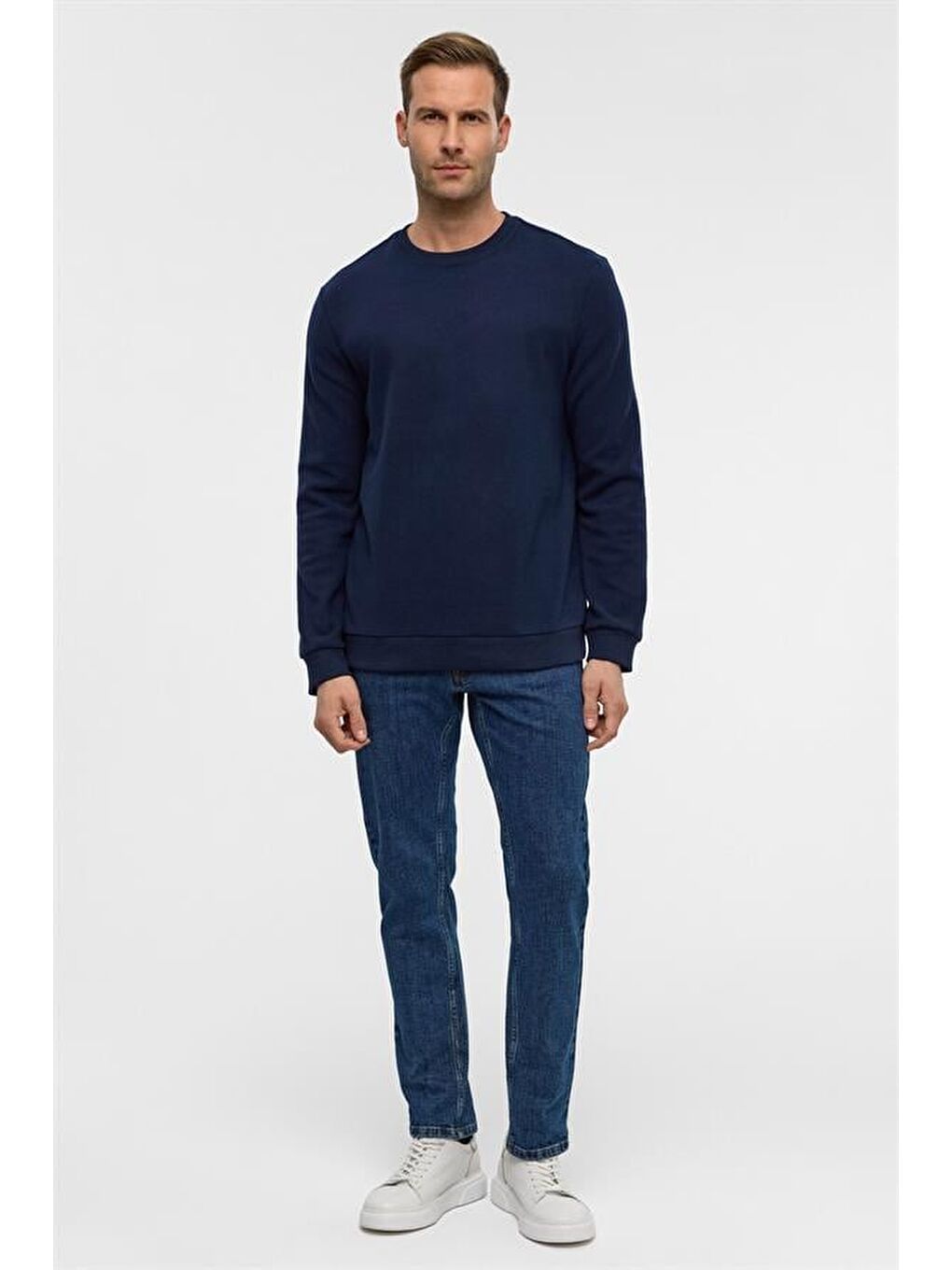 Lacivert Regular Düz Bisiklet Yaka Sweatshirt-6