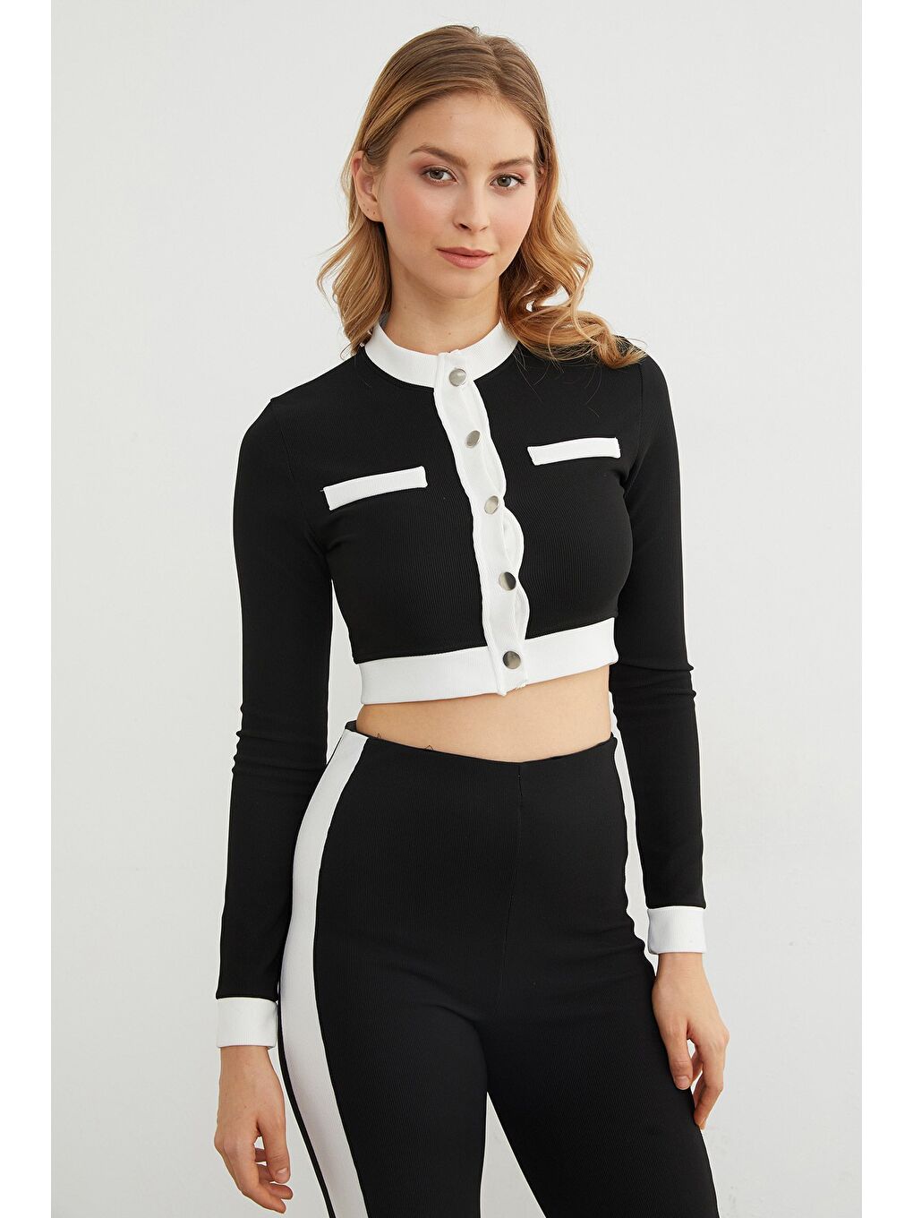 Siyah Şeritli Düğmeli 2 Li Crop Takım-1