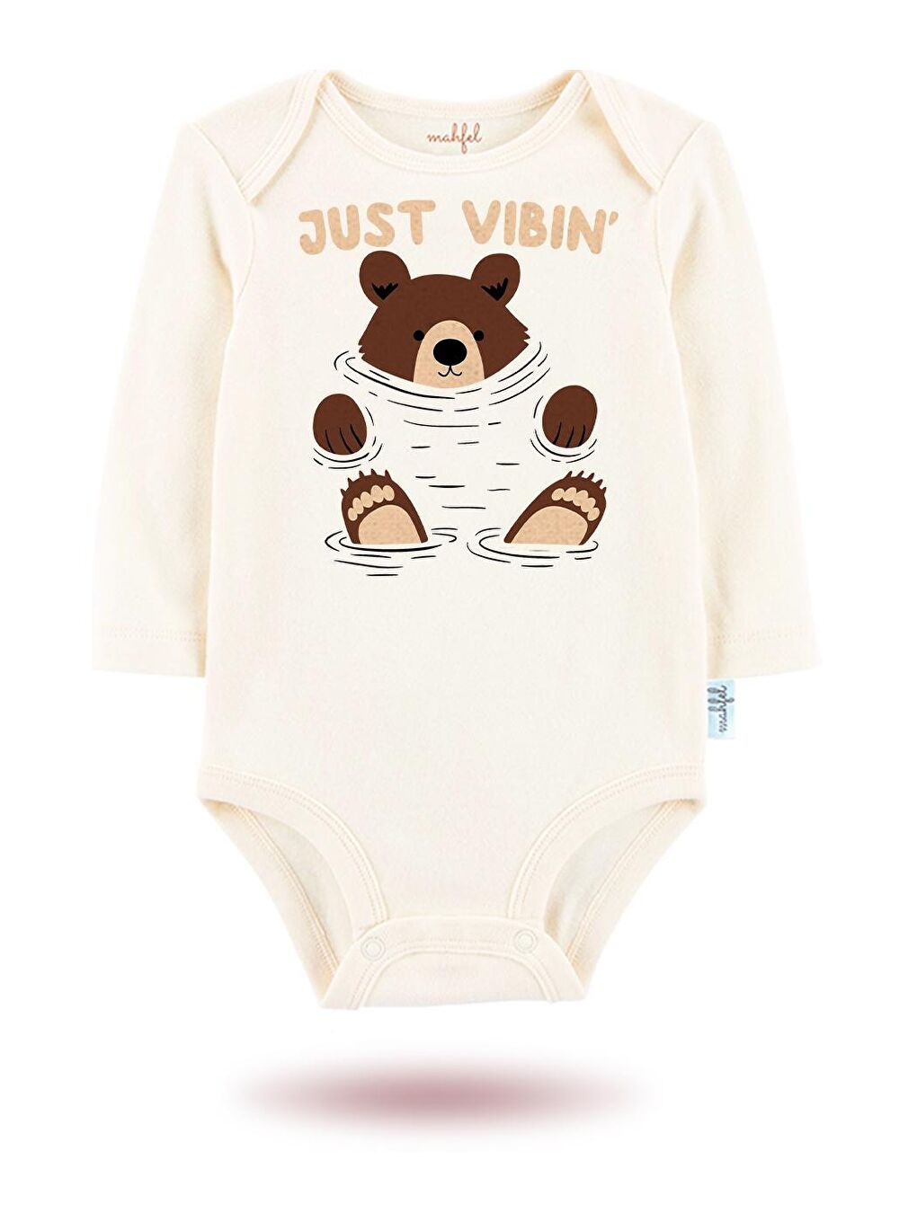 MAHFEL Ekru 2'Li "JUST VIBIN"Baskılı Uzun Kollu Unisex Bebek Çıtçıtlı Body - 1