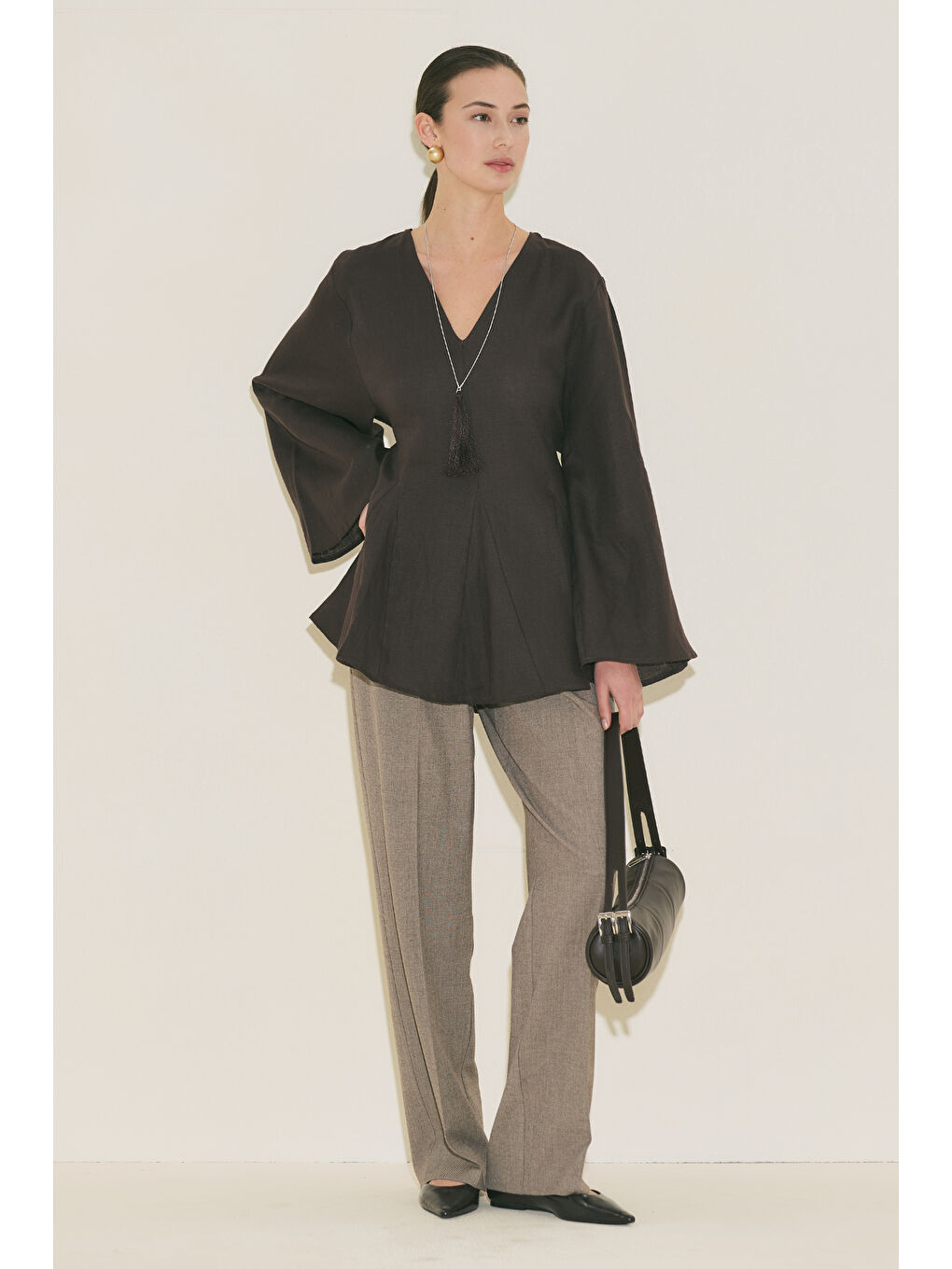 Kahverengi %100 Keten Volümlü Tunik Acı Kahve-2