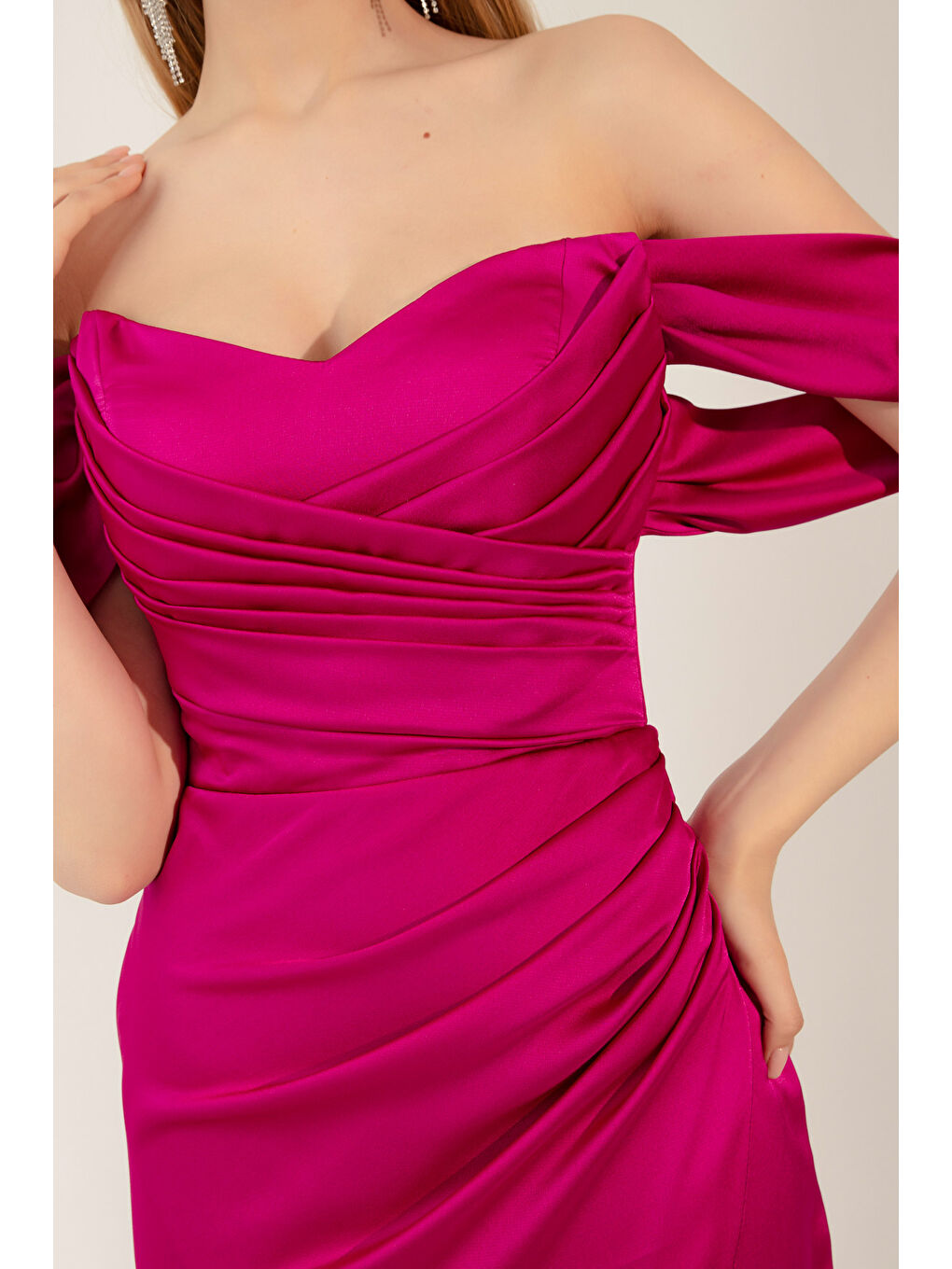 Kadın Fuşya Kayık Yaka Drapeli Midi Abiye Elbise-1