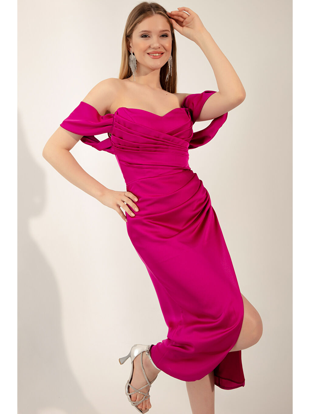 Kadın Fuşya Kayık Yaka Drapeli Midi Abiye Elbise-2
