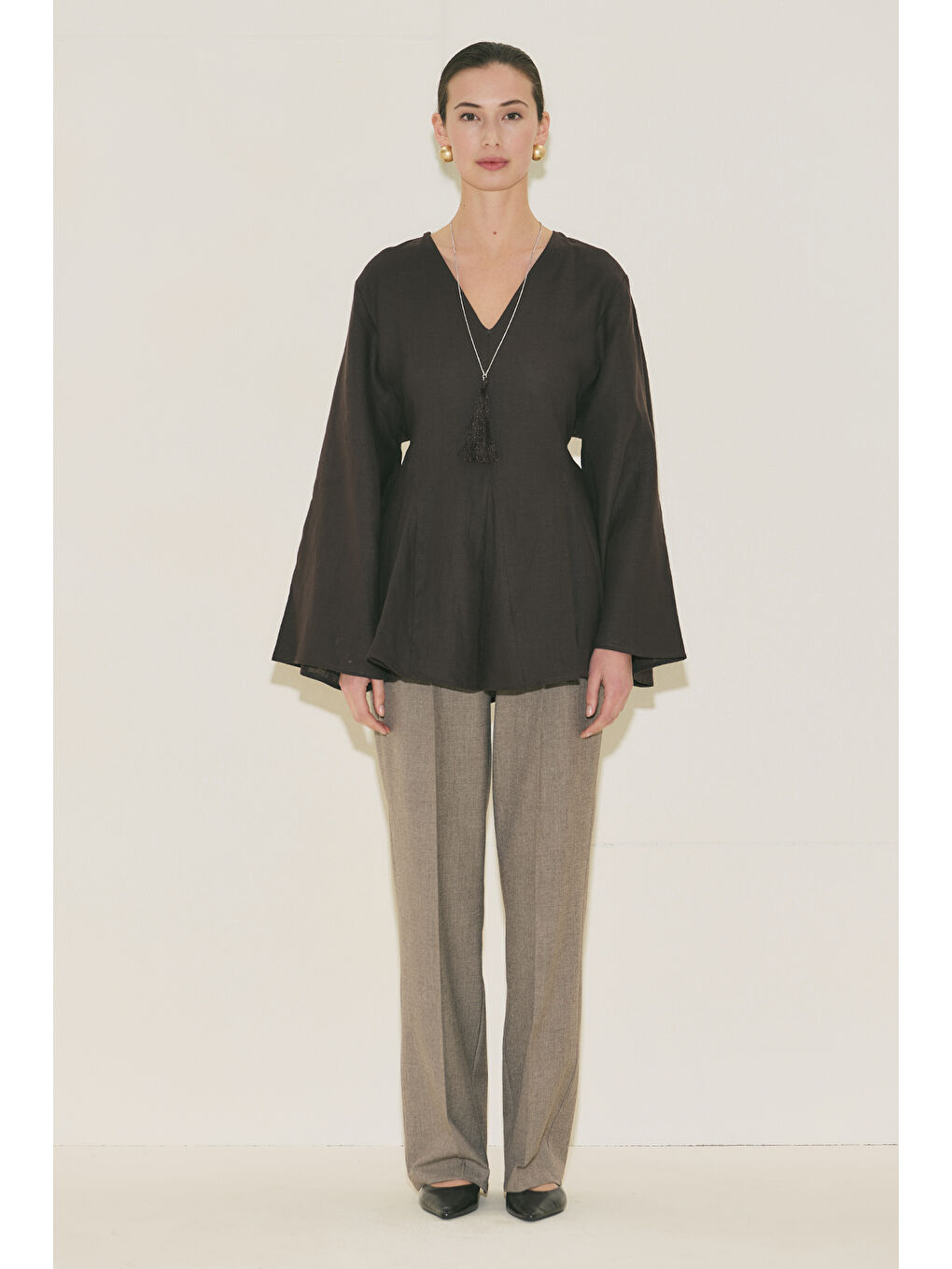 Kahverengi %100 Keten Volümlü Tunik Acı Kahve-3