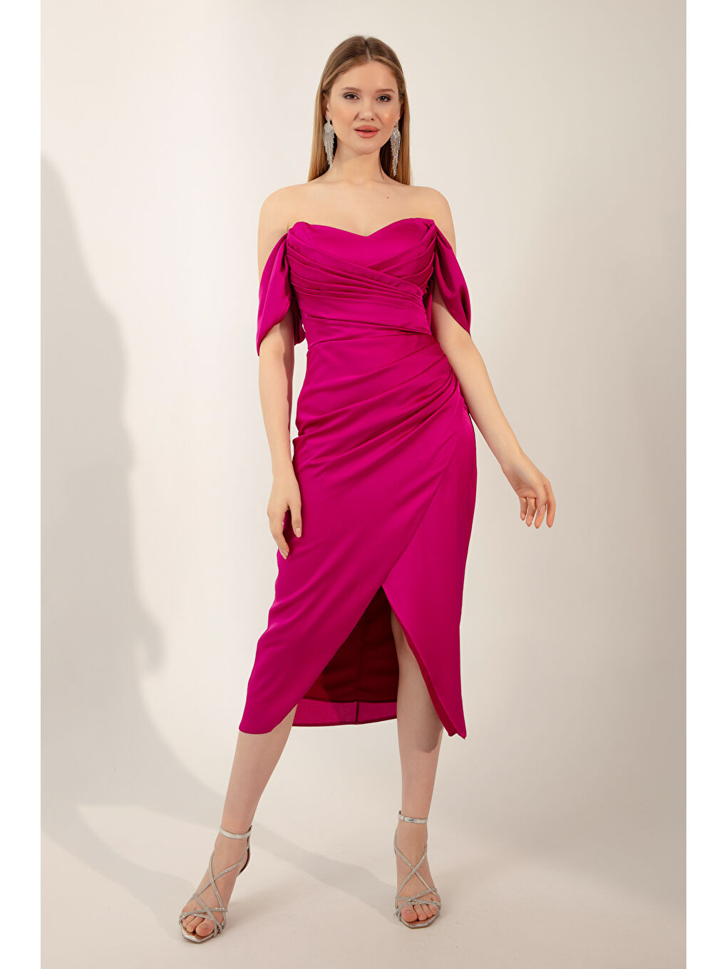 Kadın Fuşya Kayık Yaka Drapeli Midi Abiye Elbise-3