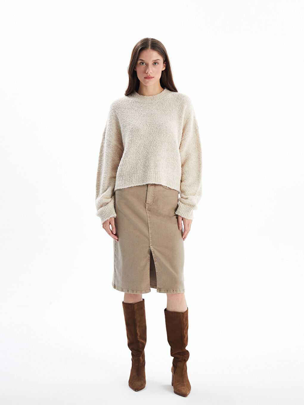 Salerno   Düz Yumuşak Dokulu Oversize Kalıp Uzun Kollu Kazak   Ekru Renk-1