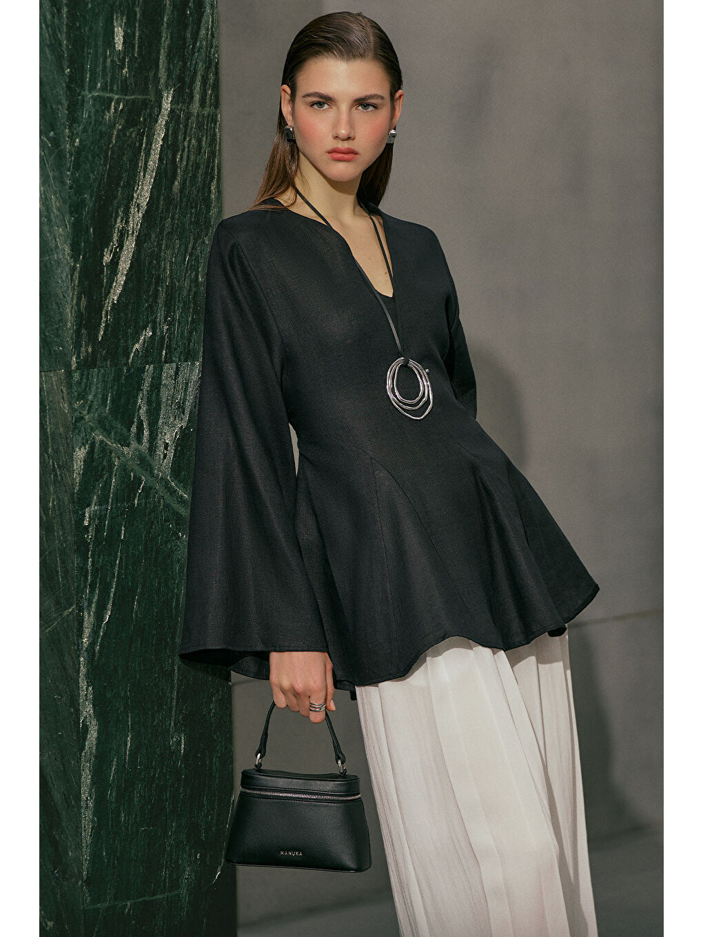 %100 Keten Volümlü Tunik Siyah-4