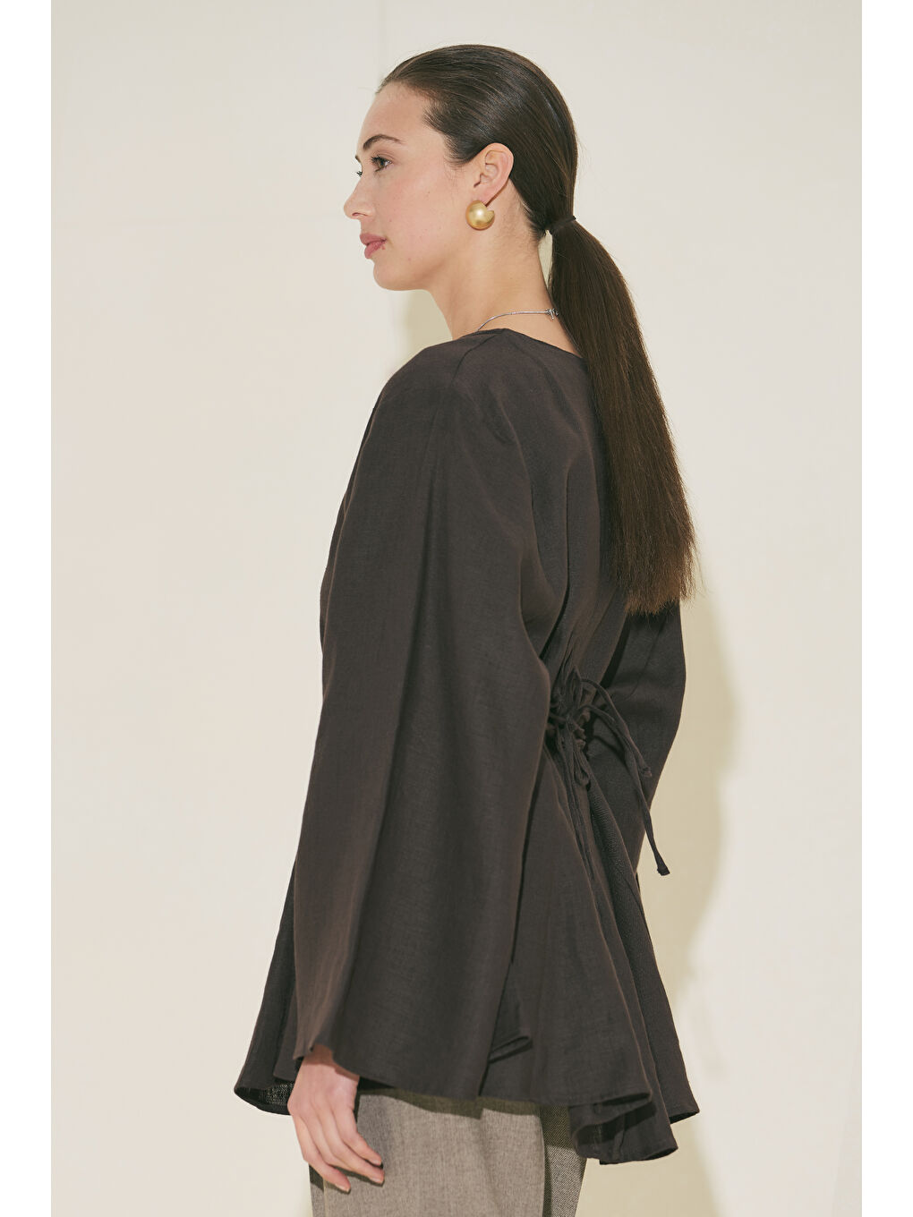 Kahverengi %100 Keten Volümlü Tunik Acı Kahve-4