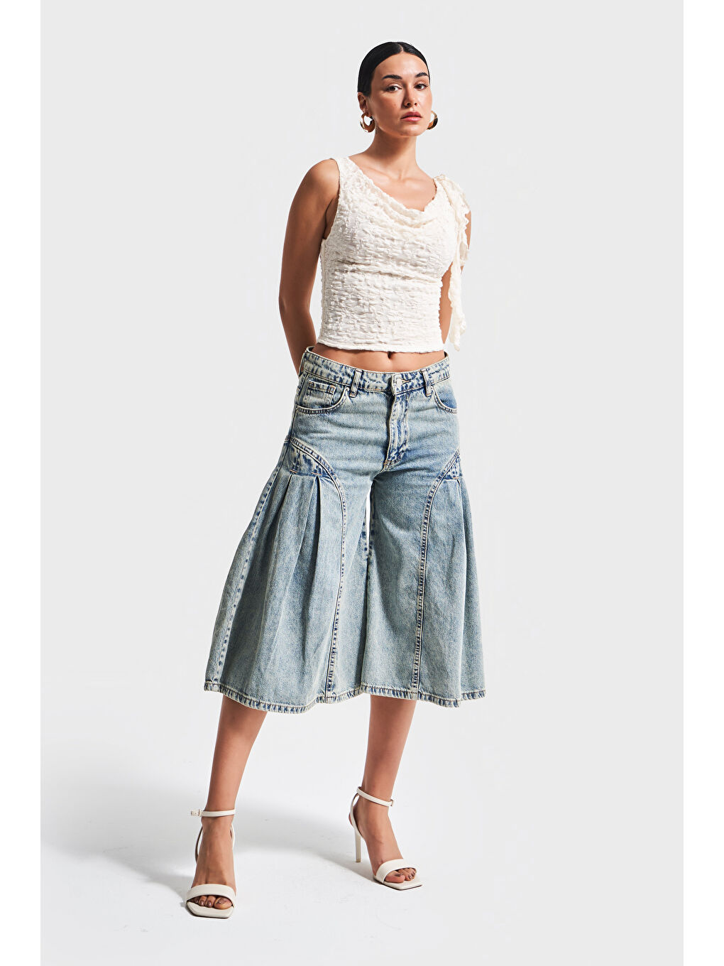 Mavi Kadın T Jean Rengi V 3S5 65 Elaphant Leg Fit Bol Kesim  100 Pamuk Maxi Boy Denim Şort Bermuda-4