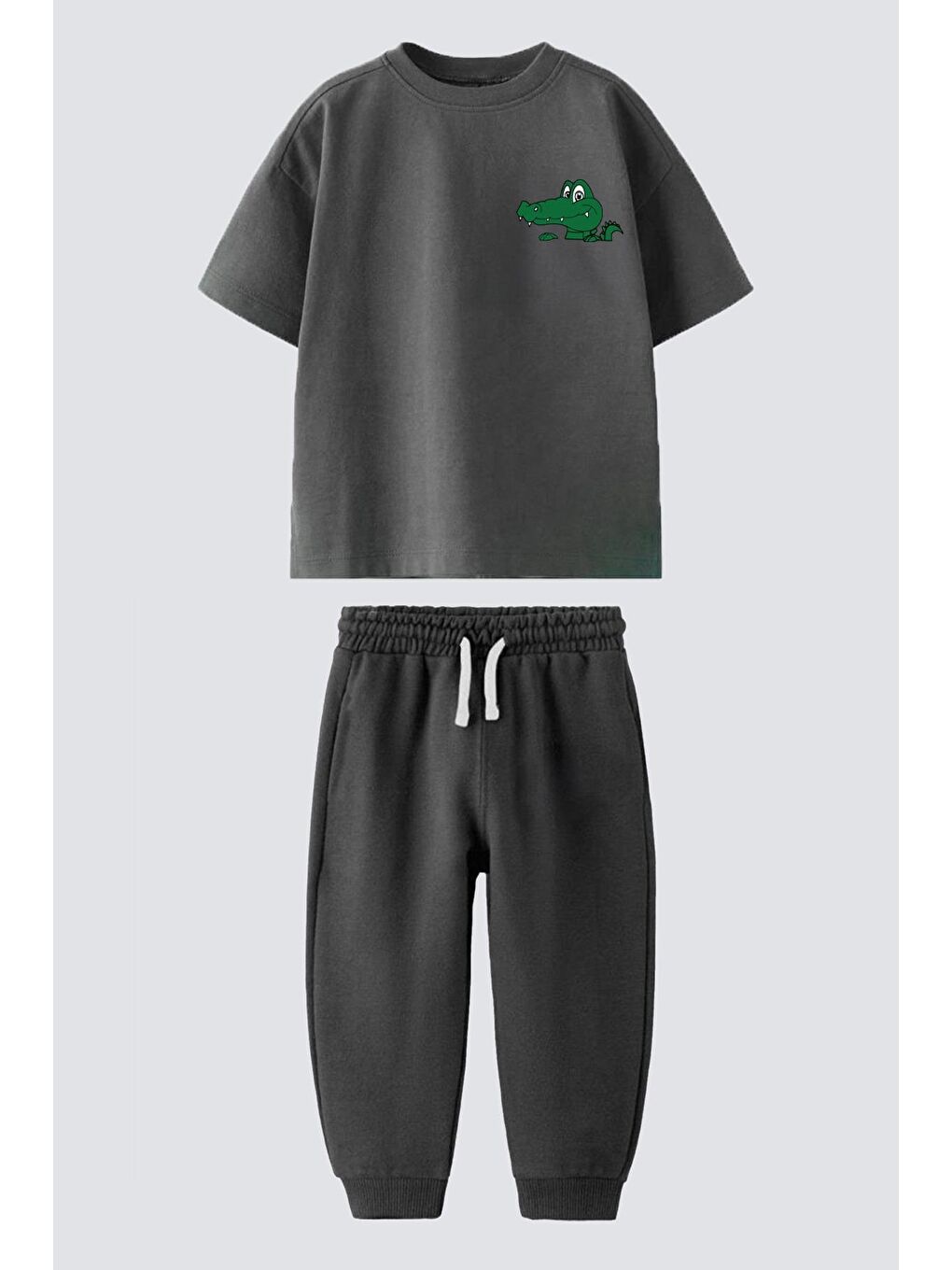 Antrasit Erkek Çocuk Pamuklu Timsah Baskılı T-Shirt Ve Eşofman 2'Li Takım-1