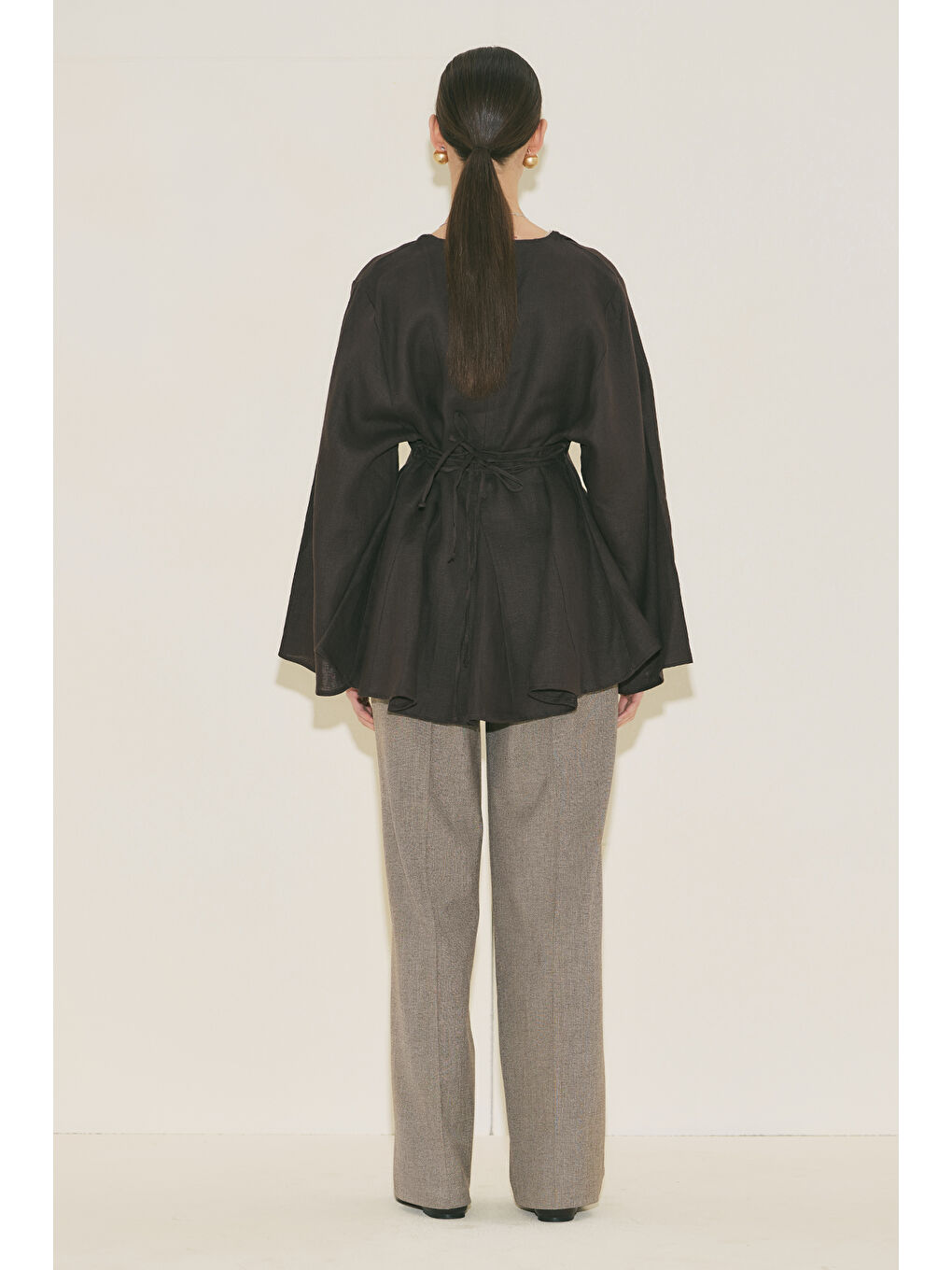 Kahverengi %100 Keten Volümlü Tunik Acı Kahve-5