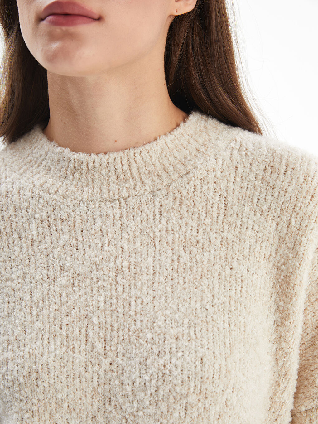 Salerno   Düz Yumuşak Dokulu Oversize Kalıp Uzun Kollu Kazak   Ekru Renk-2