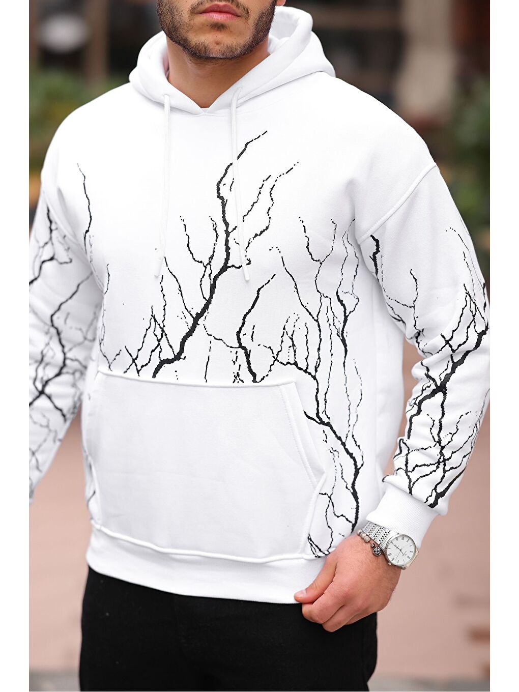 Beyaz ŞİMŞEK DESENLİ Kapüşonlu SWEATSHİRT-1