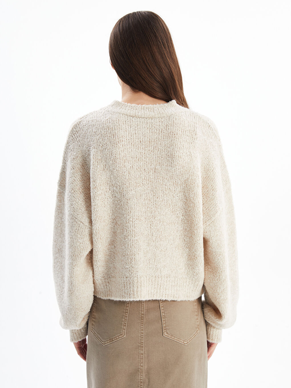 Salerno   Düz Yumuşak Dokulu Oversize Kalıp Uzun Kollu Kazak   Ekru Renk-3