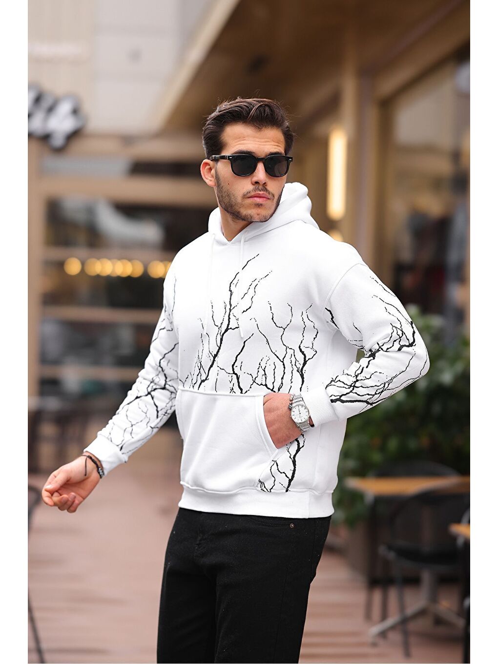 Beyaz ŞİMŞEK DESENLİ Kapüşonlu SWEATSHİRT-2