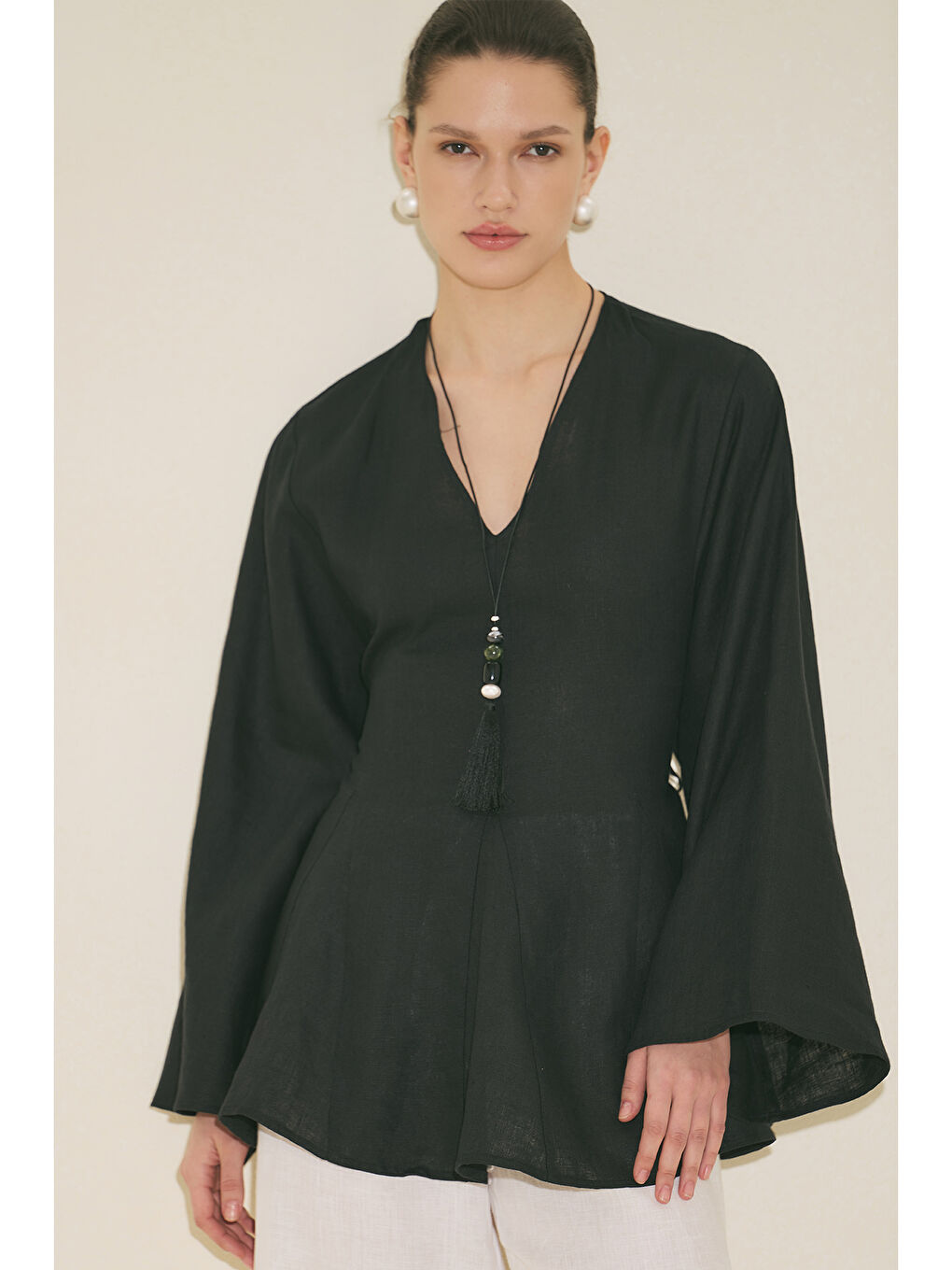 %100 Keten Volümlü Tunik Siyah-6