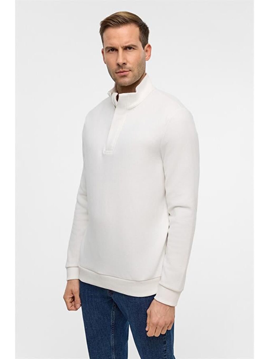 Beyaz Regular Düz Polo Yaka Sweatshirt-2