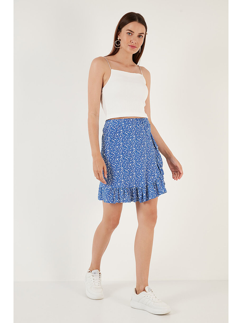 Mavi Desenli Volanlı Yüksek Bel Dar Kesim Kadın Etek 5864152-5