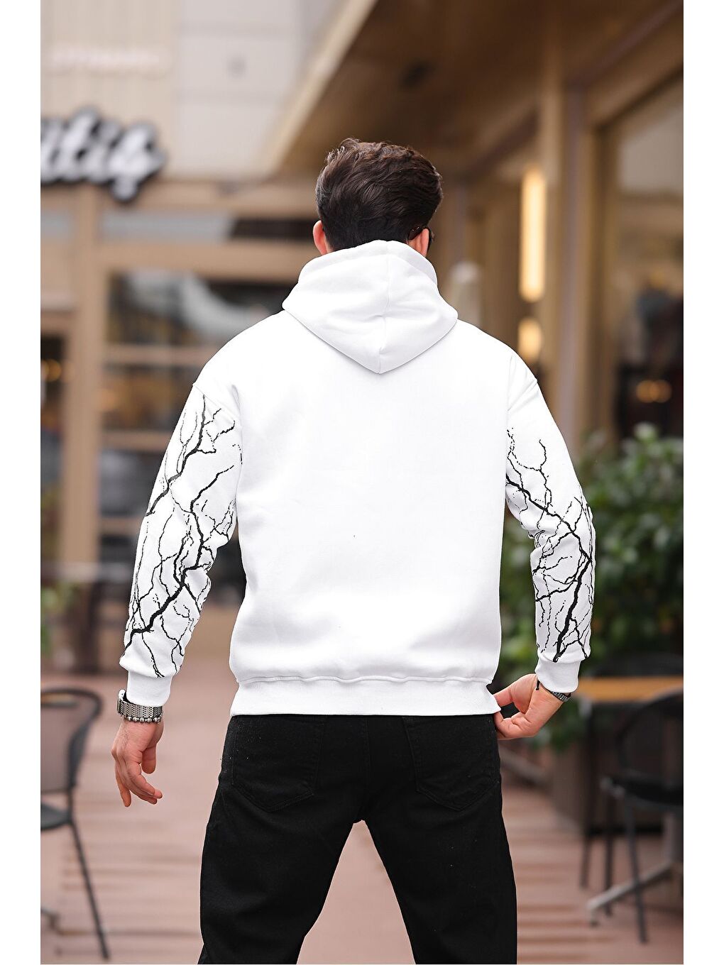 Beyaz ŞİMŞEK DESENLİ Kapüşonlu SWEATSHİRT-3