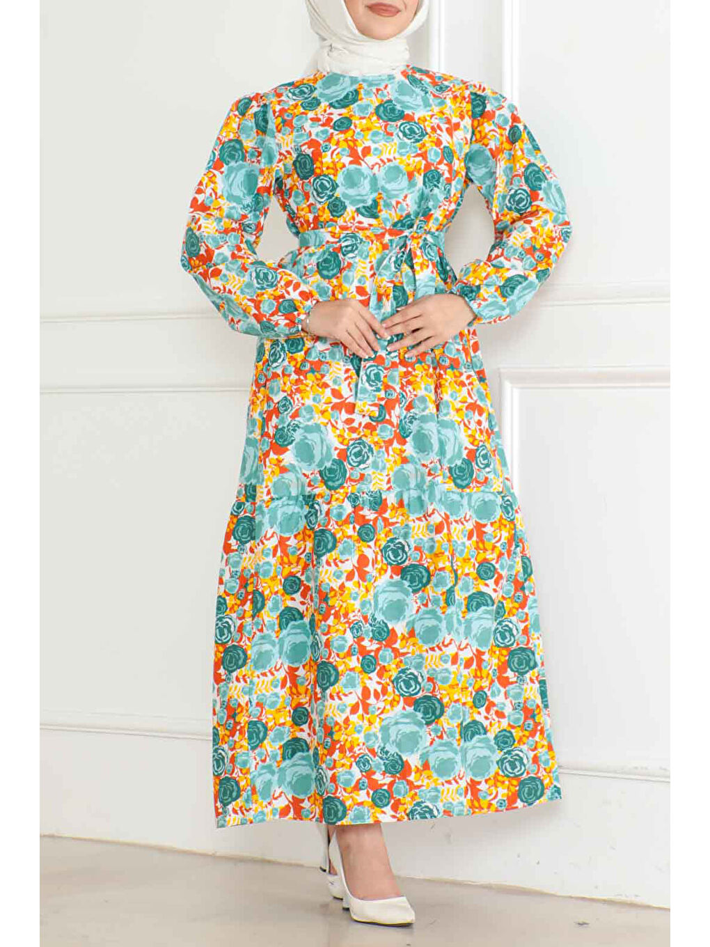 Yeşil Desenli Kolu Büzgülü Elbise Yesil - 26623