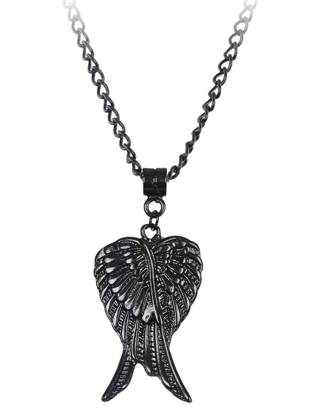 Erkek Siyah Oksit Kaplama Melek Kanadı Simge Uçlu Kolye-1