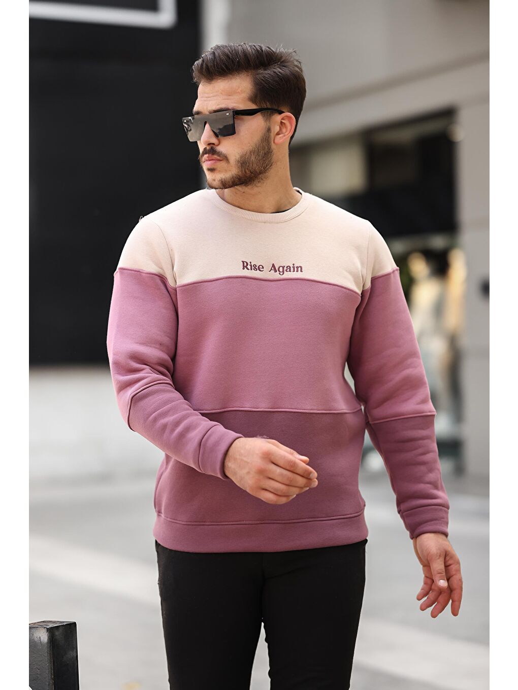 Miron Bej Gül Kurusu Mürdüm Üç Renk Blok Parçalı Sıfır Yaka Üç iplik Regular Fit Sweatshirt- 2436