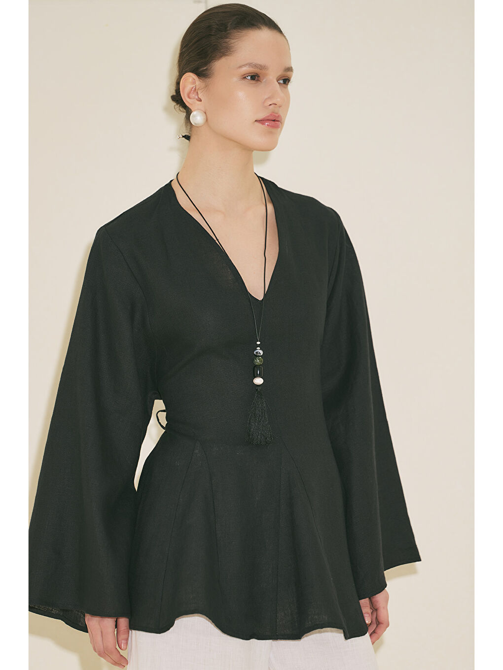 %100 Keten Volümlü Tunik Siyah-7