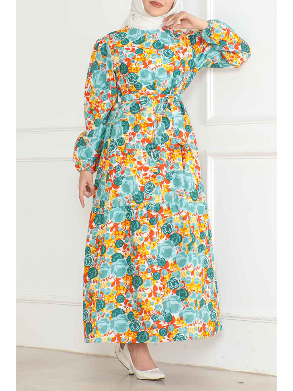 Yeşil Desenli Kolu Büzgülü Elbise Yesil - 26623-1