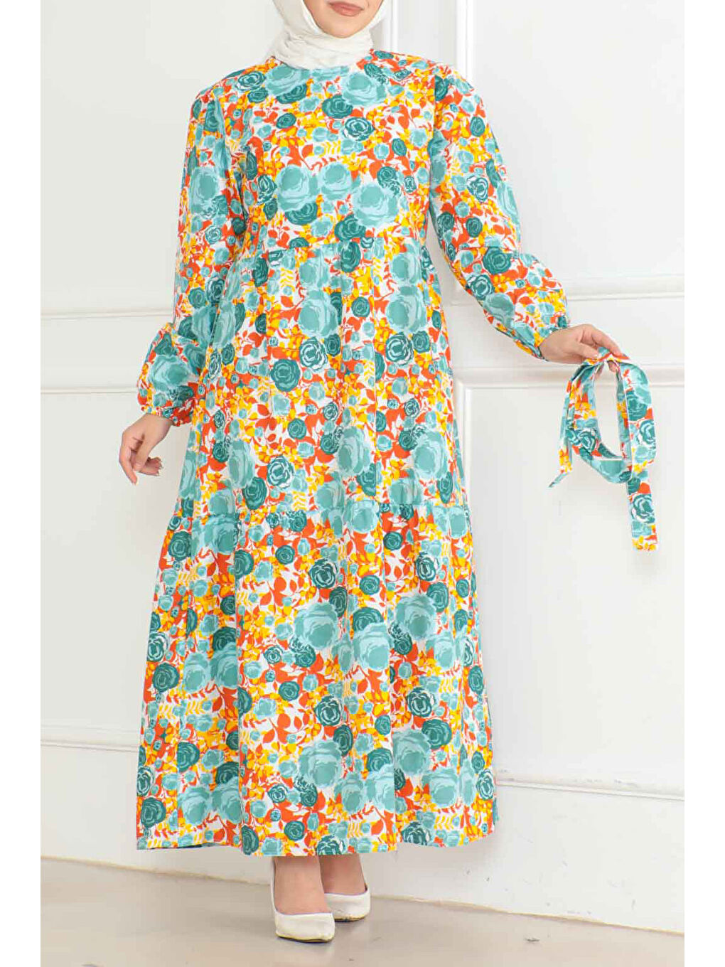 Yeşil Desenli Kolu Büzgülü Elbise Yesil - 26623-2