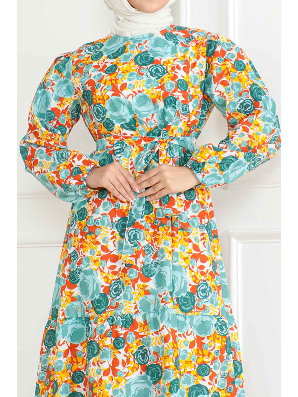 Yeşil Desenli Kolu Büzgülü Elbise Yesil - 26623-3