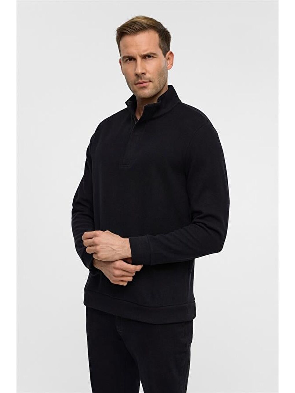 Siyah Regular Düz Polo Yaka Sweatshirt