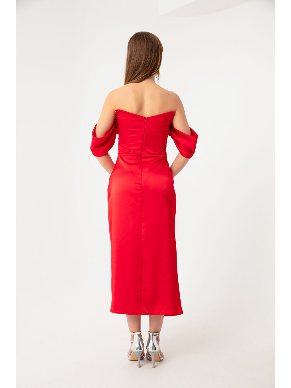 Kadın Kırmızı Kayık Yaka Drapeli Midi Abiye Elbise-4