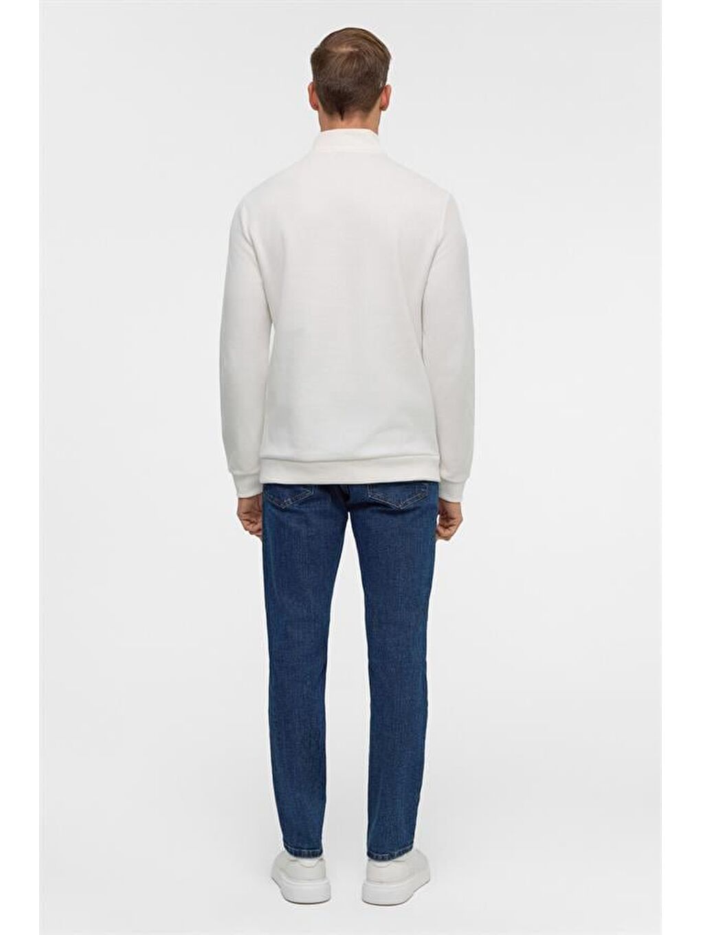 Beyaz Regular Düz Polo Yaka Sweatshirt-6