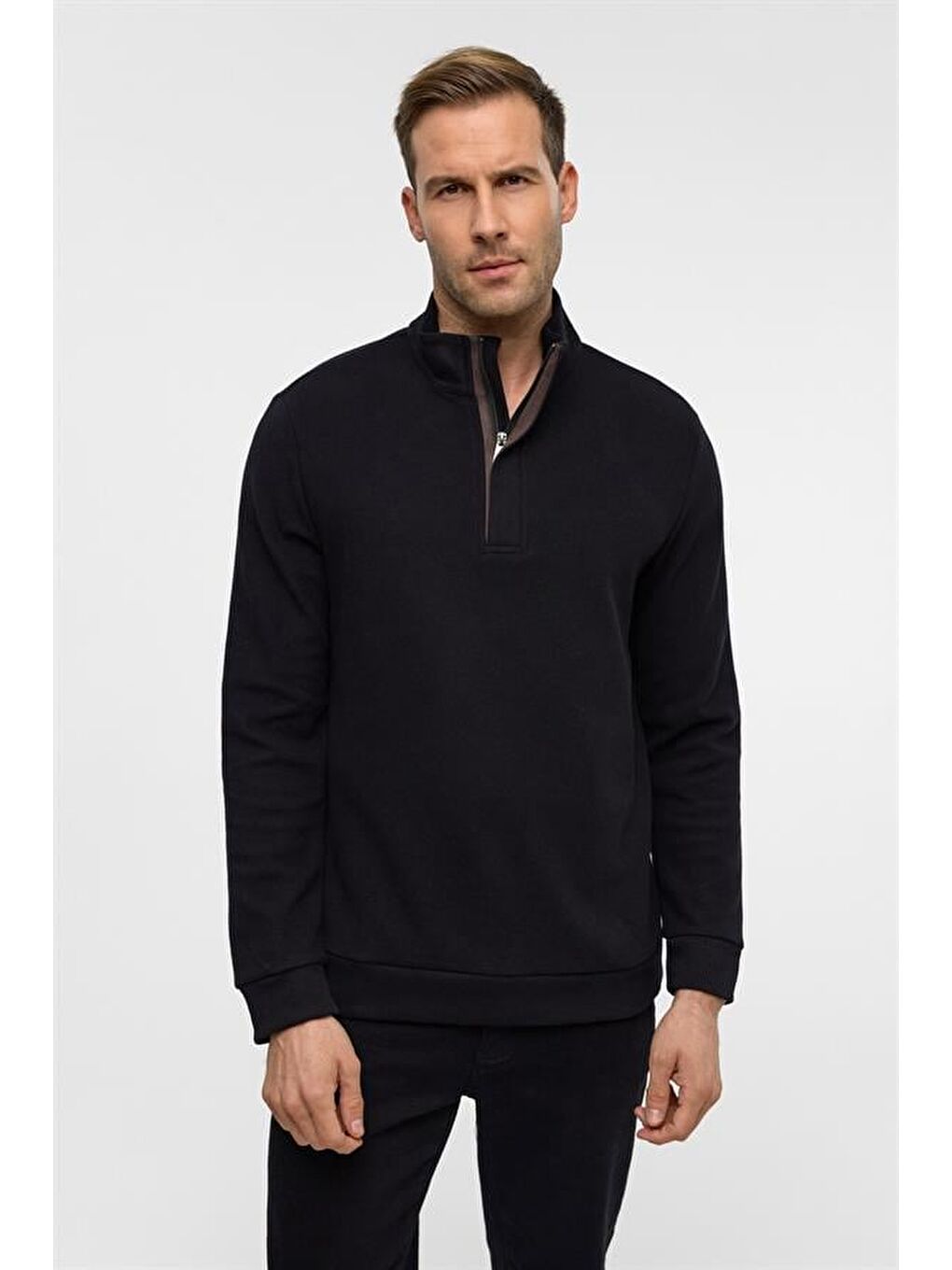 Siyah Regular Düz Polo Yaka Sweatshirt-2