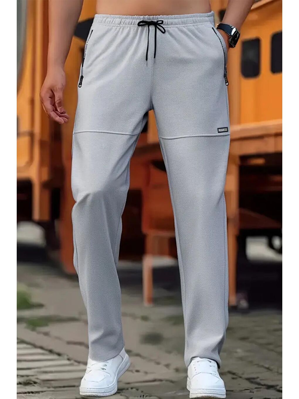 Gri Progress Fermuar Detaylı Erkek Running Koşu Egzersiz Spor Salonu Eşofman Altı