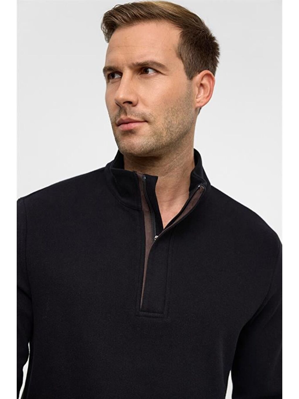 Siyah Regular Düz Polo Yaka Sweatshirt-3