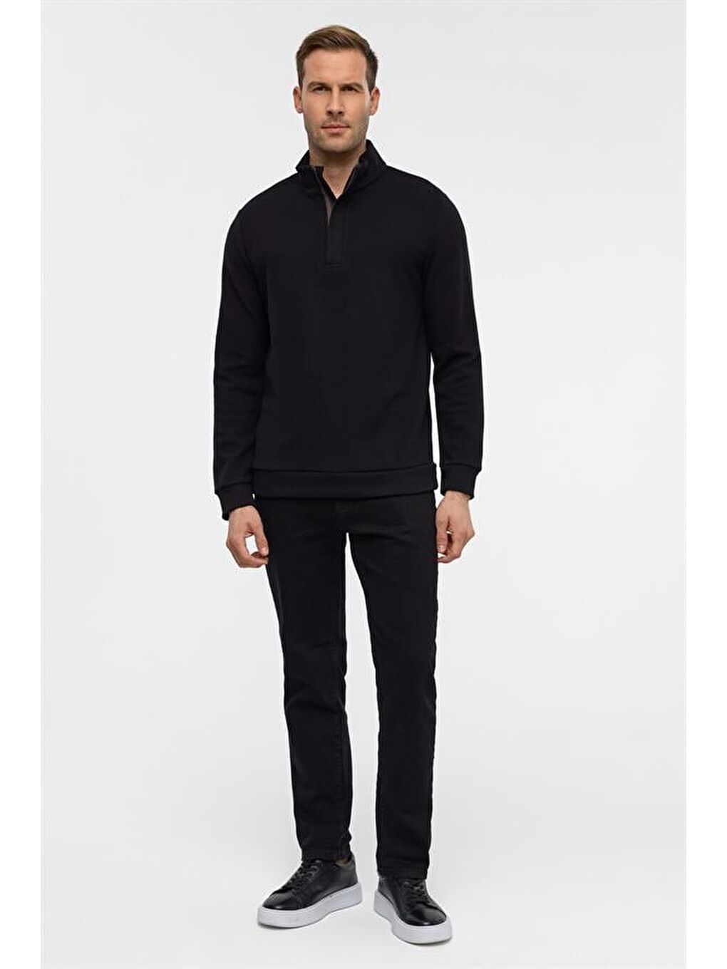 Siyah Regular Düz Polo Yaka Sweatshirt-4