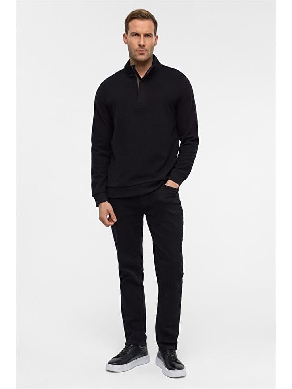 Siyah Regular Düz Polo Yaka Sweatshirt-5