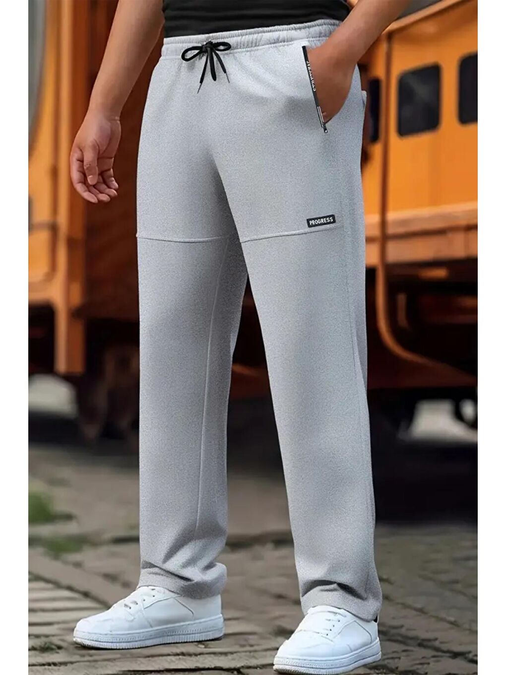 Gri Progress Fermuar Detaylı Erkek Running Koşu Egzersiz Spor Salonu Eşofman Altı-1