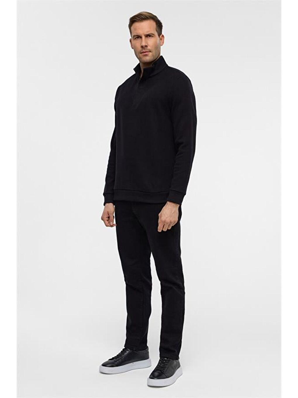Siyah Regular Düz Polo Yaka Sweatshirt-6