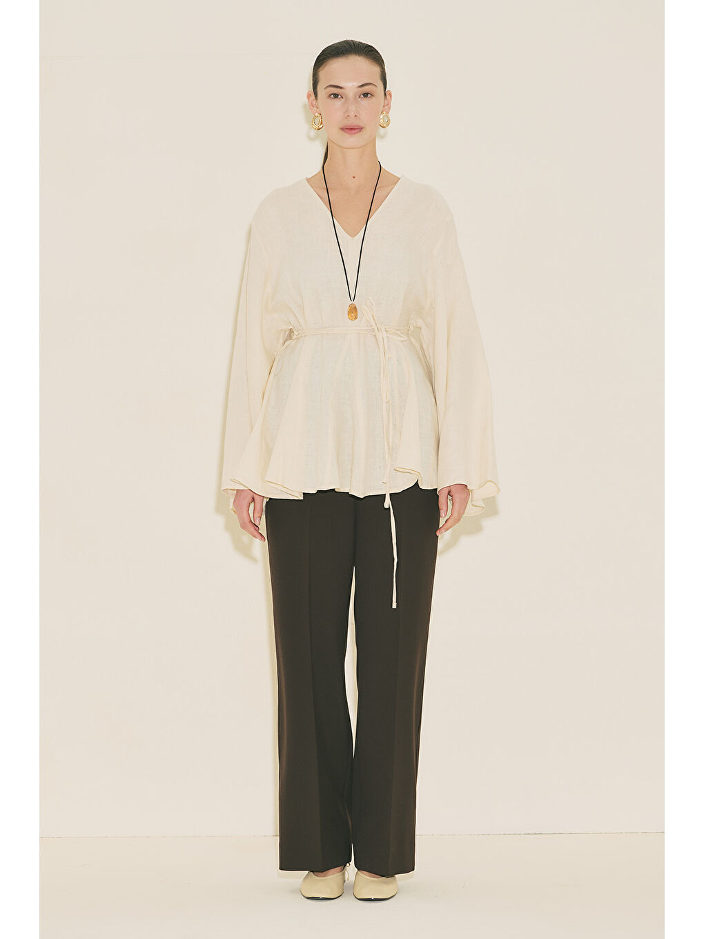 Bej %100 Keten Volümlü Tunik Vanilya-5