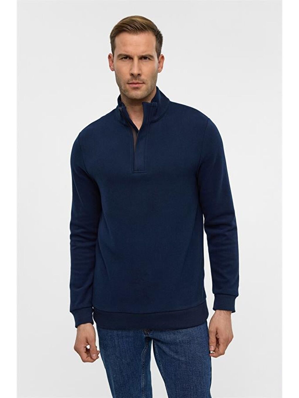 Lacivert Regular Düz Polo Yaka Sweatshirt