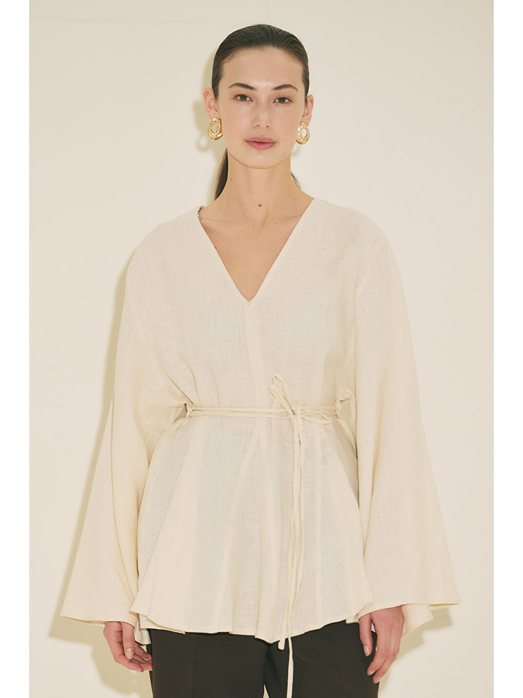 Bej %100 Keten Volümlü Tunik Vanilya-6