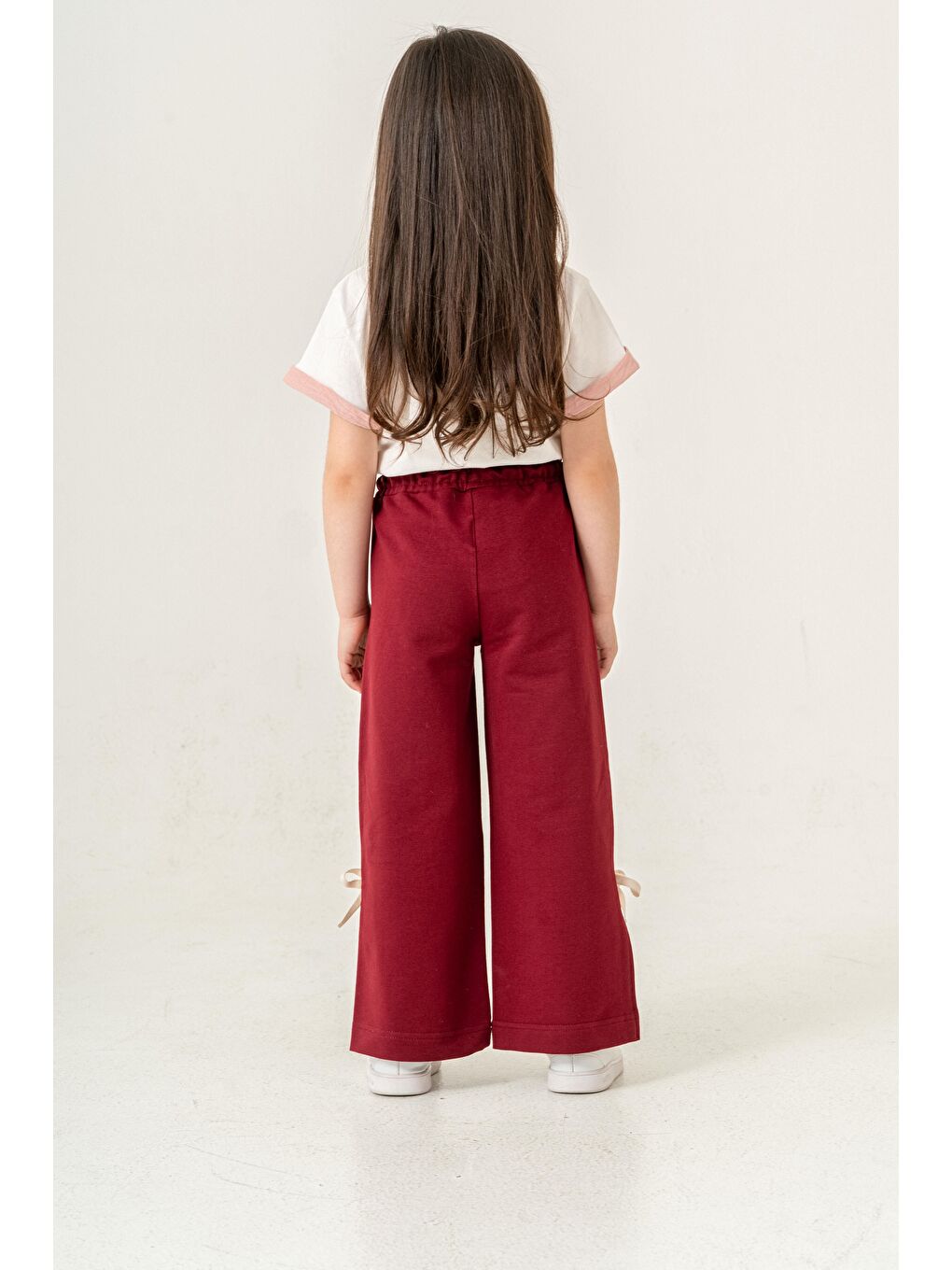 Bordo Live In The Moment Baskılı Paçalar Yırtmaçlı Fiyonklu Kız Çocuk Eşofman Altı-5