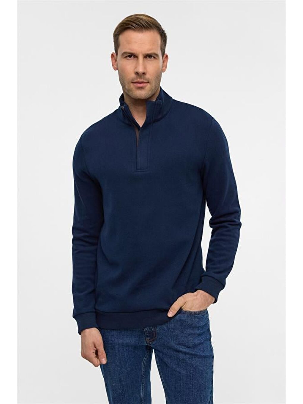 Lacivert Regular Düz Polo Yaka Sweatshirt-1