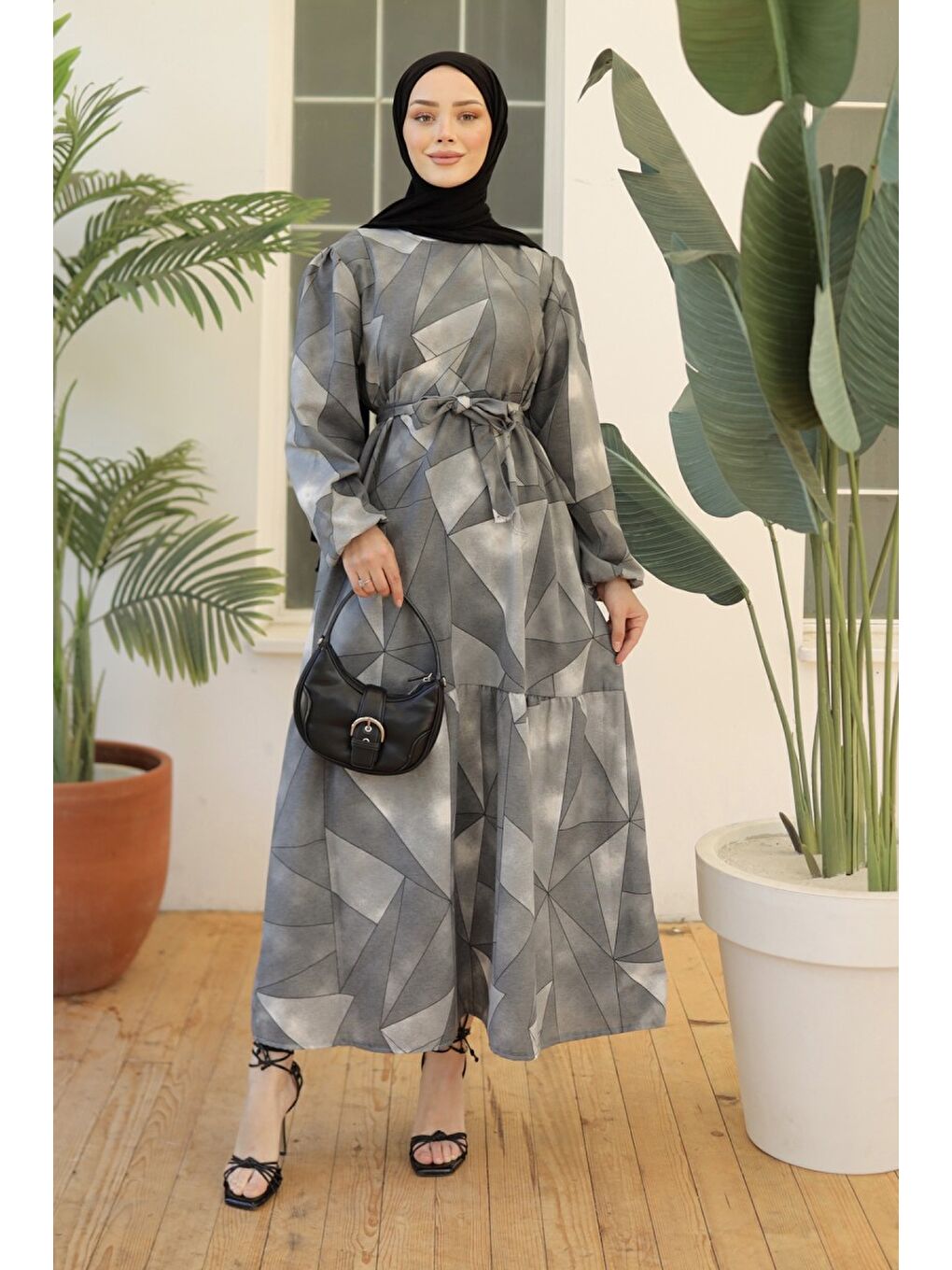 Desenli Kolu Büzgülü Elbise Gri - 26620