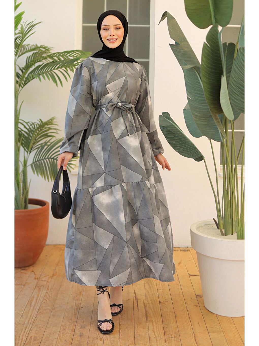 Desenli Kolu Büzgülü Elbise Gri - 26620-1
